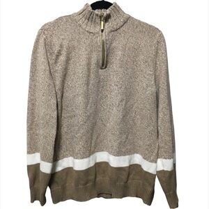 Heather Brown Striped Sweater Colorblock Cotton 3/4 Zip Cozy Karen Scott